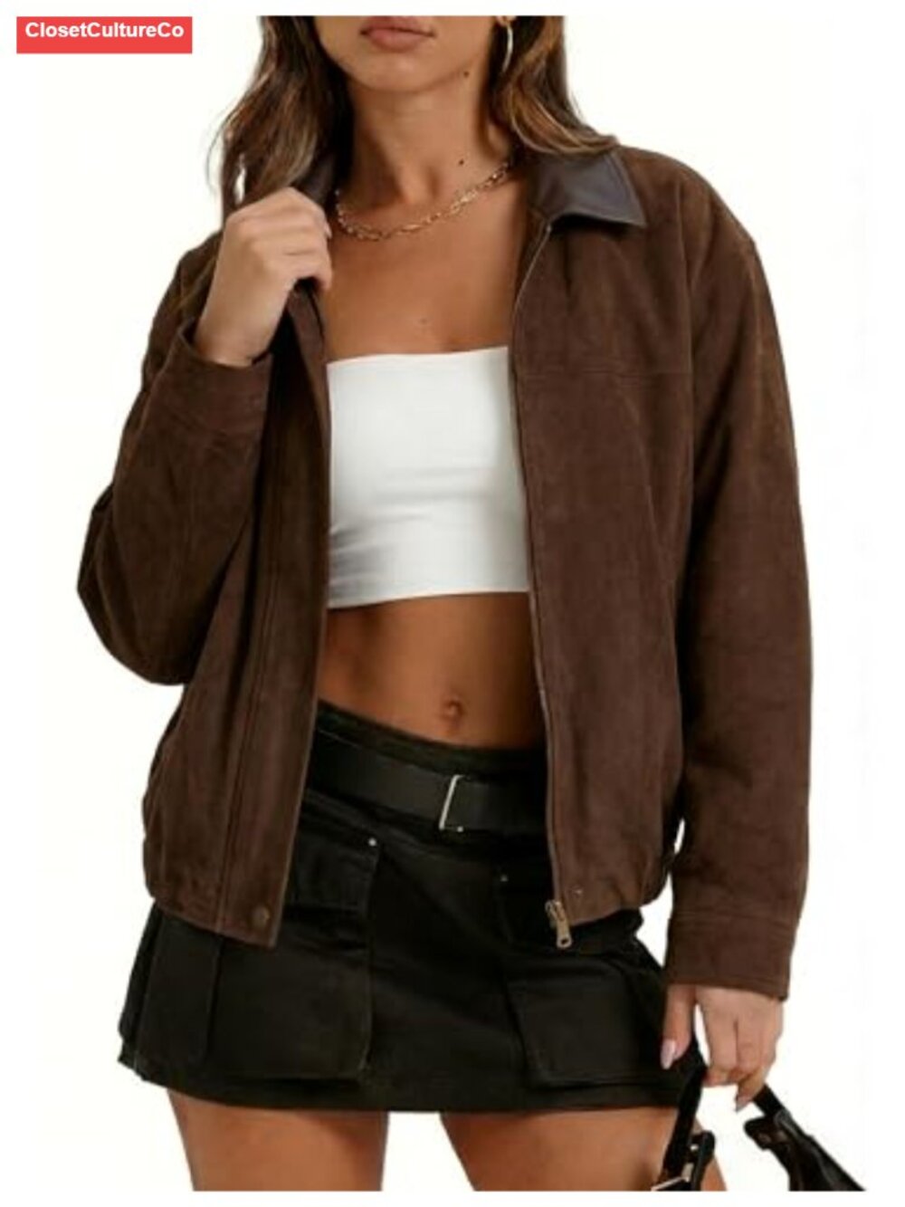 Faux Suede Leather Jacket Oversized Bomber Lapel Coat Zip Pockets